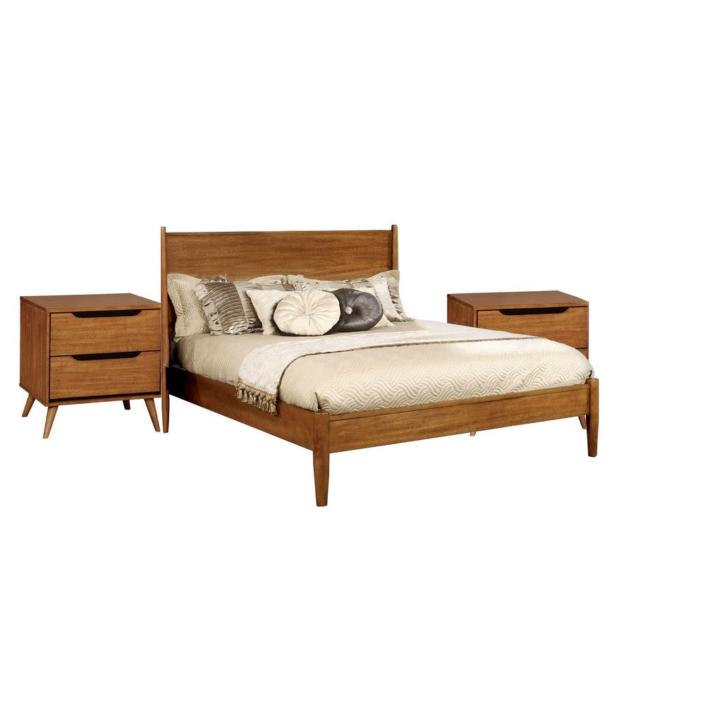 Queen Bedroom Set in Oak Brown Wood – 3 Piece Set with 2 Nightstands