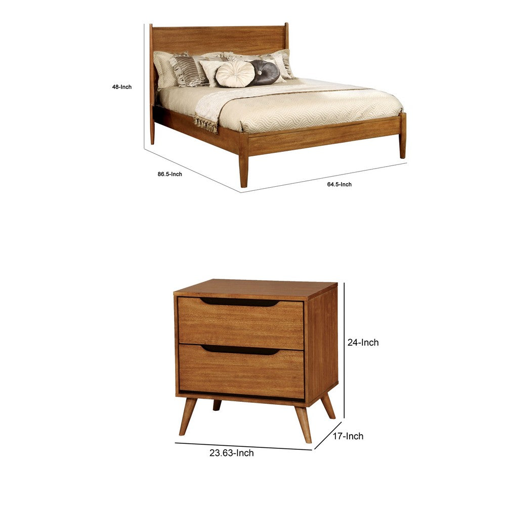 Queen Bedroom Set in Oak Brown Wood – 3 Piece Set with 2 Nightstands