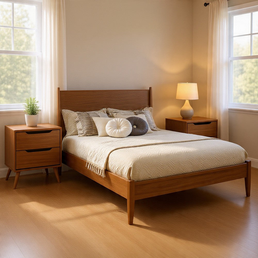 Queen Bedroom Set in Oak Brown Wood – 3 Piece Set with 2 Nightstands
