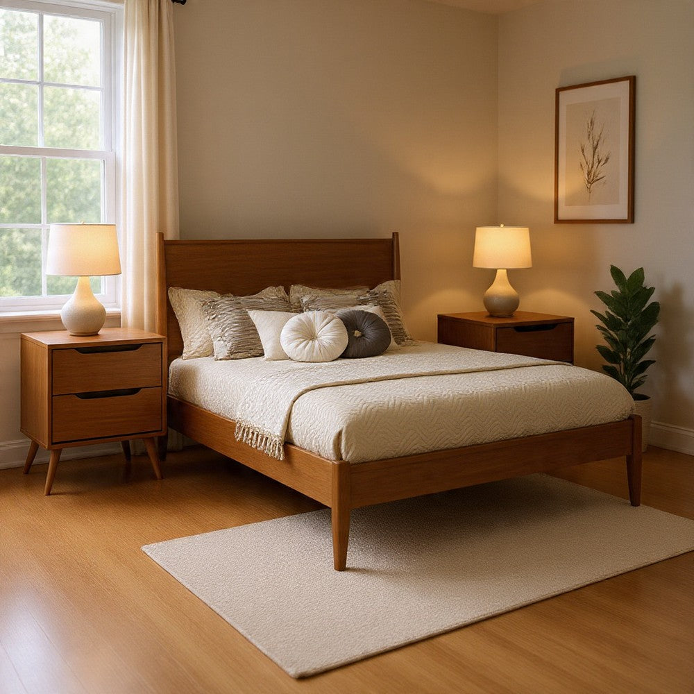 Queen Bedroom Set in Oak Brown Wood – 3 Piece Set with 2 Nightstands
