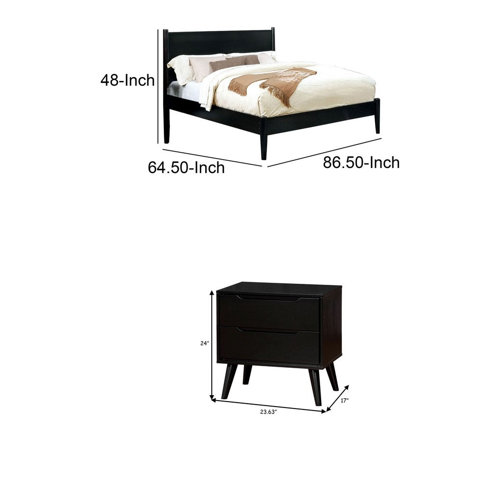 Queen Bedroom Set, Black Wood, 2 Piece Set with Nightstand