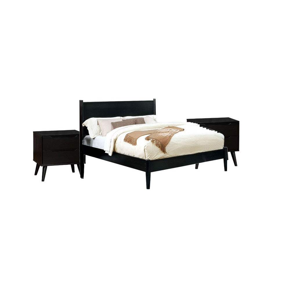 Queen Bedroom Set, Black Wood, 3 Piece Set with 2 Nightstands