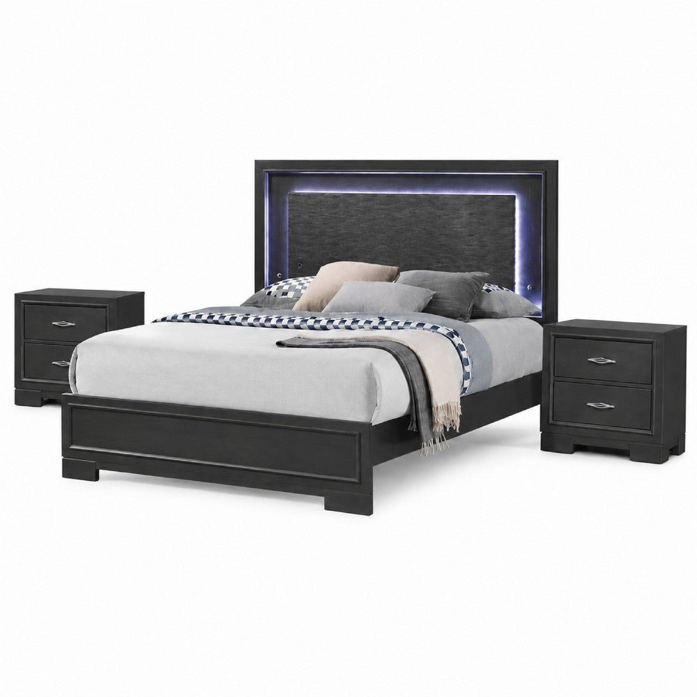 Queen Bedroom Set, Dark Gray, Metallic Gray Wood, 3 Piece Set with 2 Nightstands