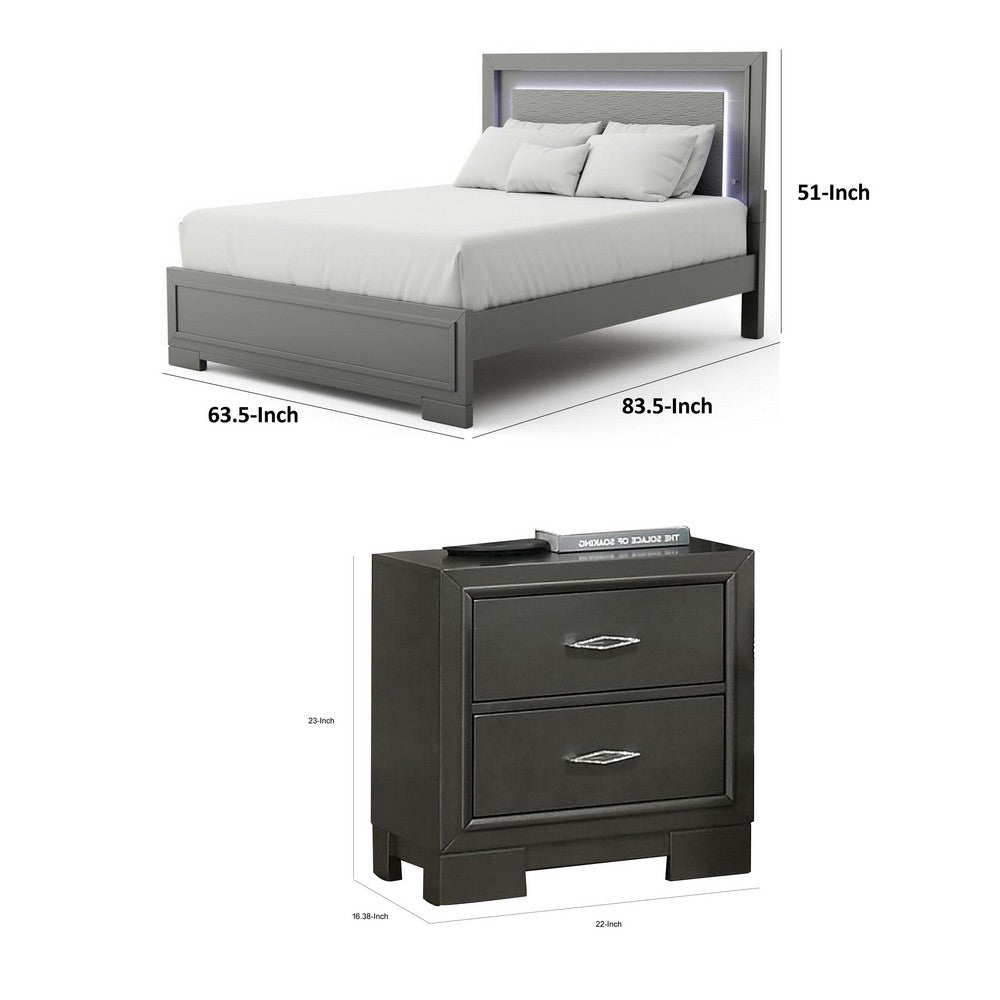 Queen Bedroom Set, Dark Gray, Metallic Gray Wood, 3 Piece Set with 2 Nightstands