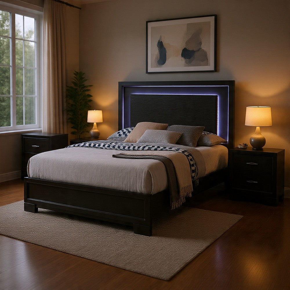 Queen Bedroom Set, Dark Gray, Metallic Gray Wood, 3 Piece Set with 2 Nightstands