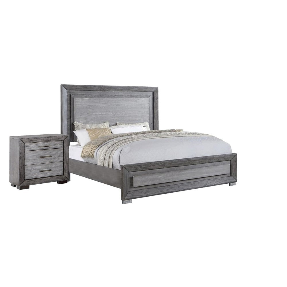 Queen Bedroom Set, Gray, Silver, Chrome Wood, 2 Piece Set with Nightstand