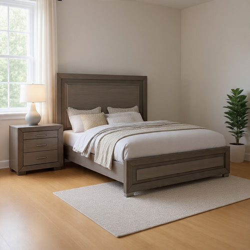 Queen Bedroom Set, Gray, Silver, Chrome Wood, 2 Piece Set with Nightstand