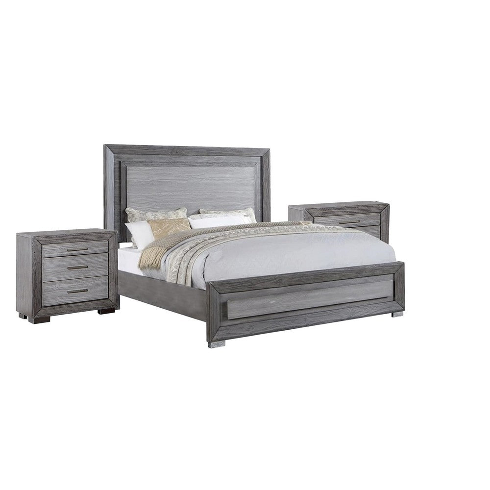 Queen Bedroom Set, Gray, Silver, Chrome Wood, 3 Piece Set with 2 Nightstands