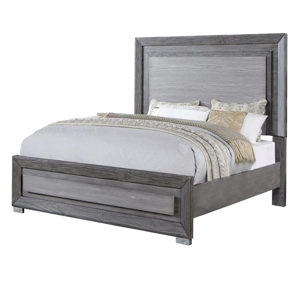 Queen Bedroom Set, Gray, Silver, Chrome Wood, 3 Piece Set with 2 Nightstands