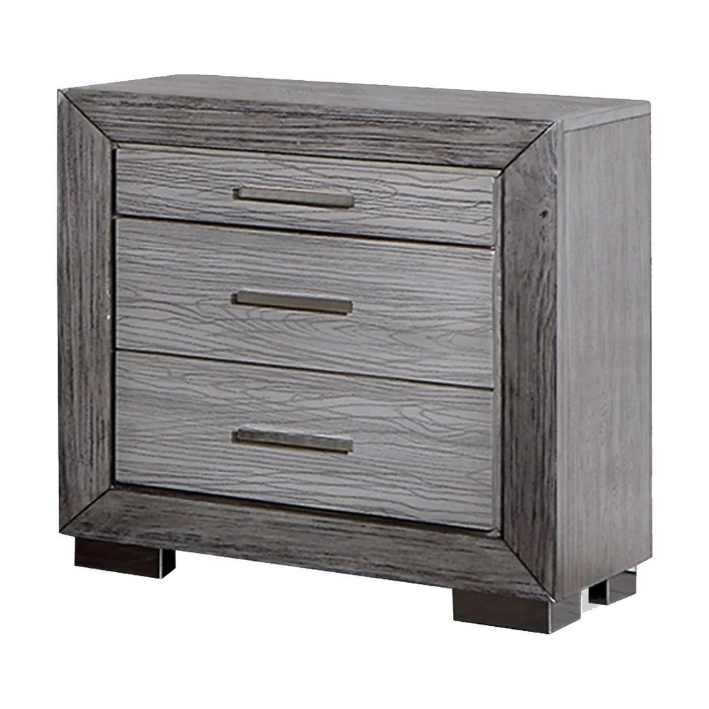 Queen Bedroom Set, Gray, Silver, Chrome Wood, 3 Piece Set with 2 Nightstands