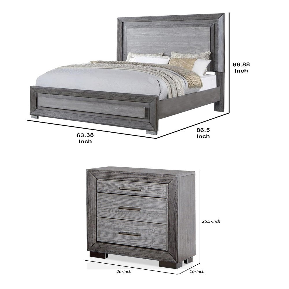 Queen Bedroom Set, Gray, Silver, Chrome Wood, 3 Piece Set with 2 Nightstands