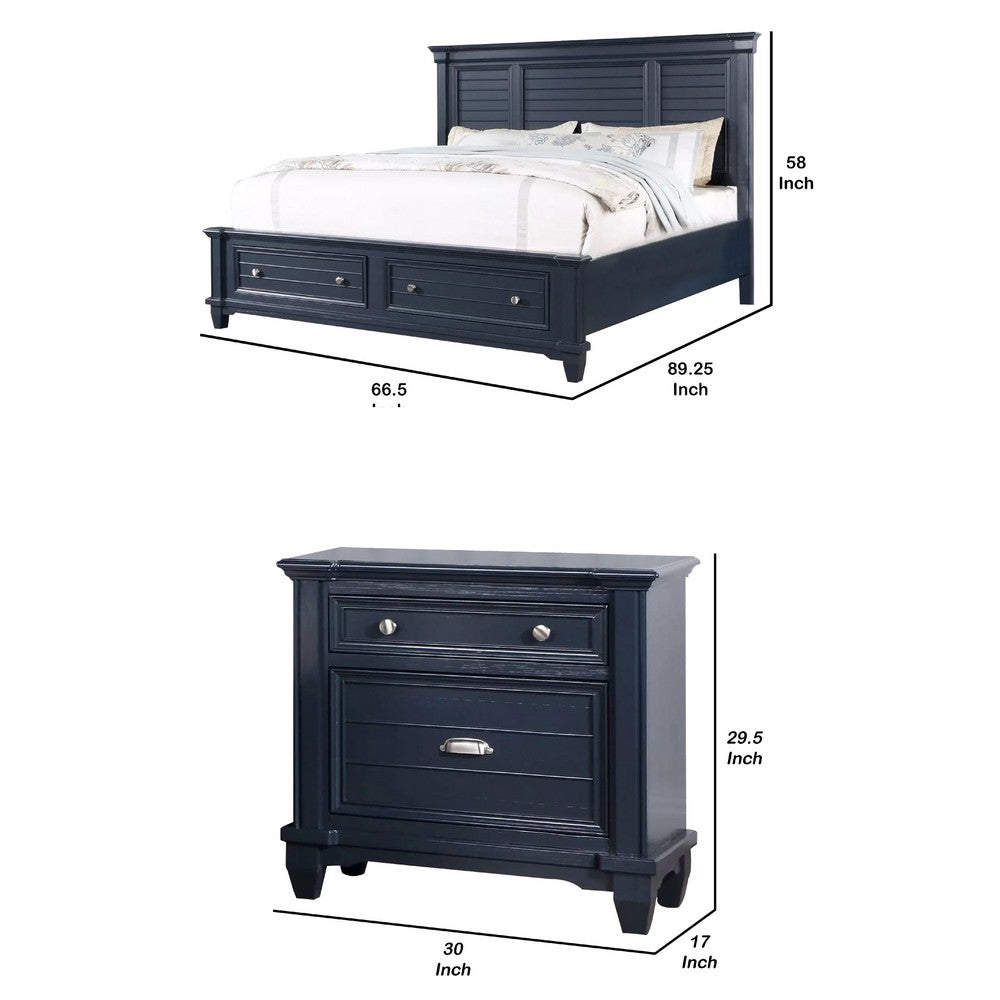 Queen Bedroom Set, Slate Blue, Nickel Wood, 2 Piece Set with Nightstand