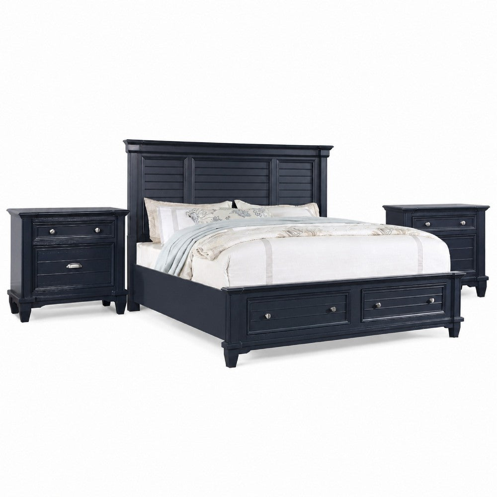 Queen Bedroom Set, Slate Blue, Nickel Wood, 3 Piece Set with 2 Nightstands