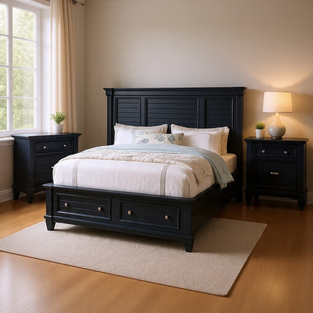 Queen Bedroom Set, Slate Blue, Nickel Wood, 3 Piece Set with 2 Nightstands
