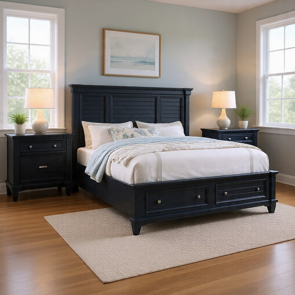 Queen Bedroom Set, Slate Blue, Nickel Wood, 3 Piece Set with 2 Nightstands