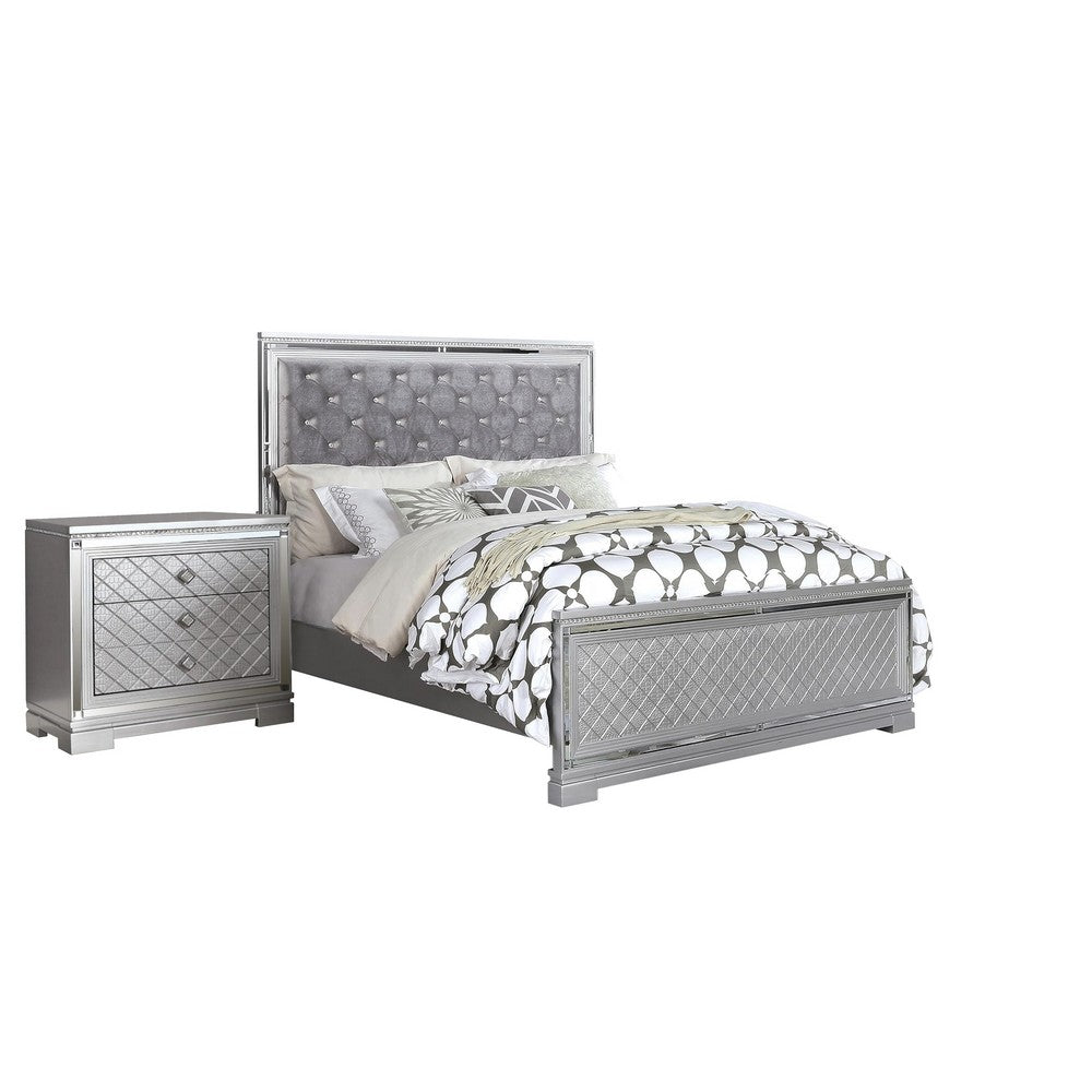 2-Piece Queen Bedroom Set – Silver Finish Bed & Matching Nightstand