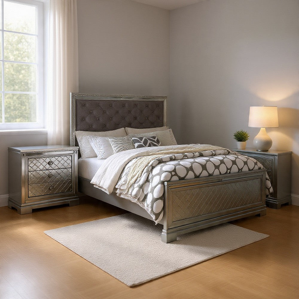 2-Piece Queen Bedroom Set – Silver Finish Bed & Matching Nightstand
