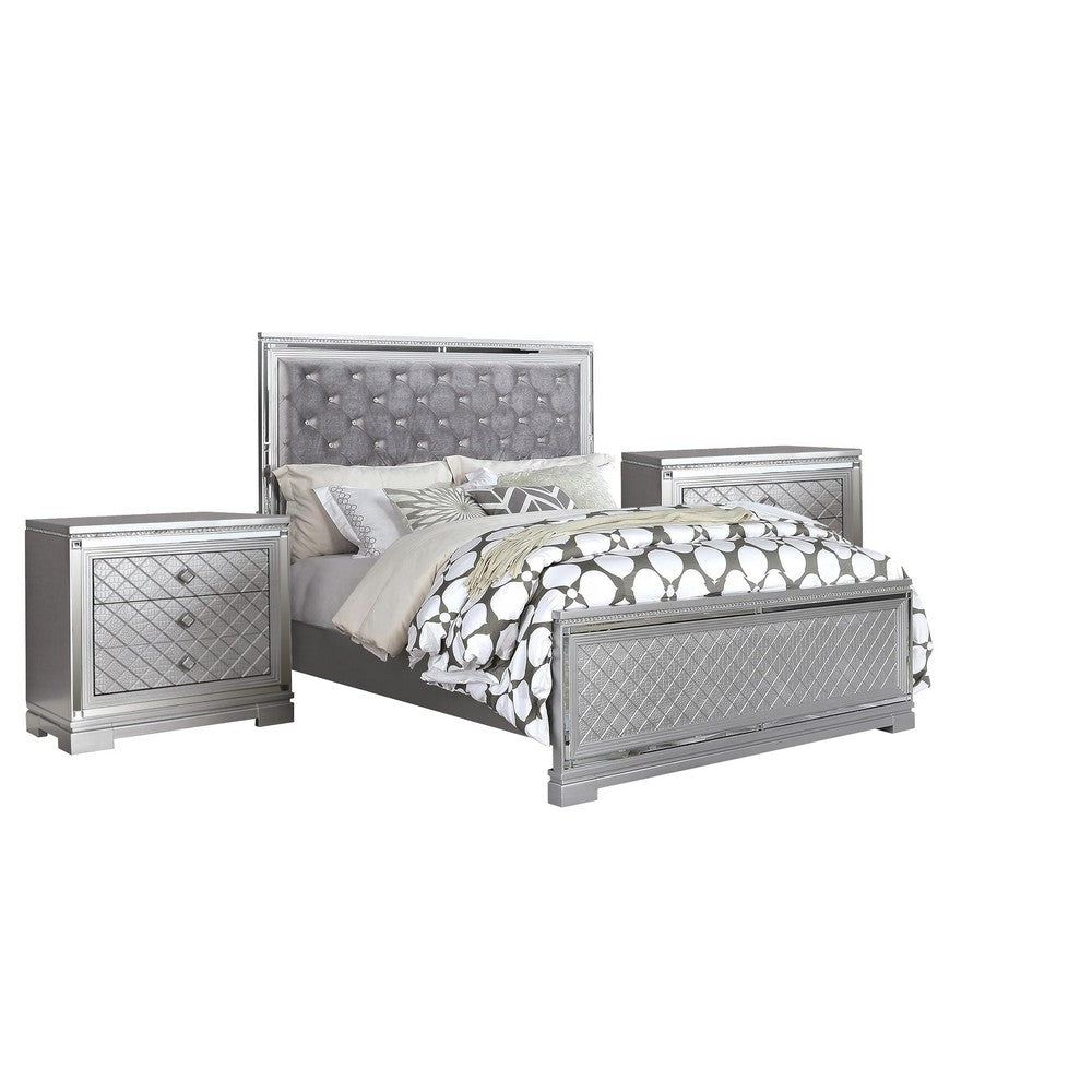 3-Piece Queen Bedroom Set – Silver Finish Bed & Matching Nightstand