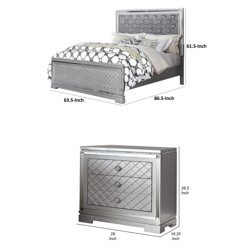 3-Piece Queen Bedroom Set – Silver Finish Bed & Matching Nightstand