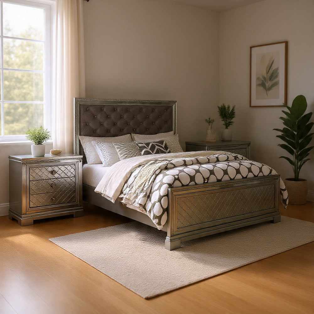 3-Piece Queen Bedroom Set – Silver Finish Bed & Matching Nightstand