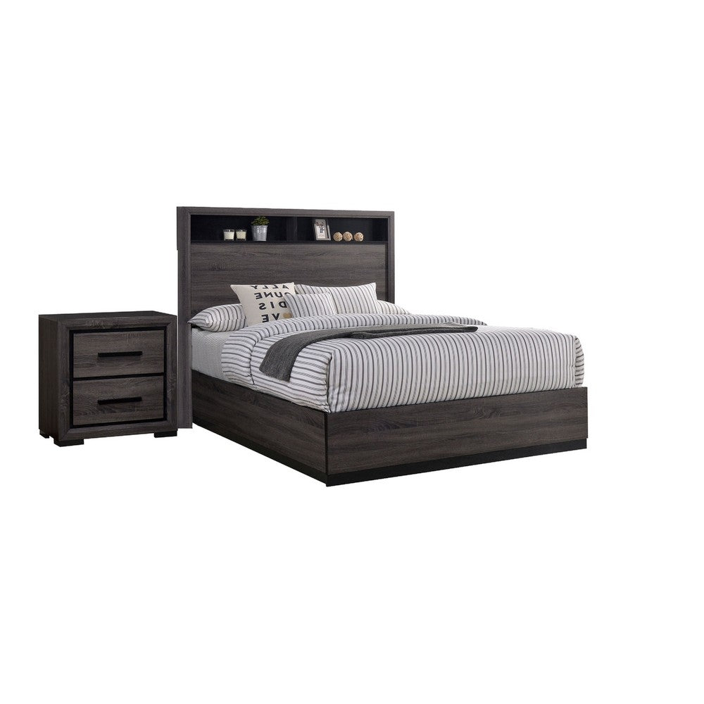 Queen Bedroom Set in Gray & Black Wood – 2 Piece Set with Nightstand