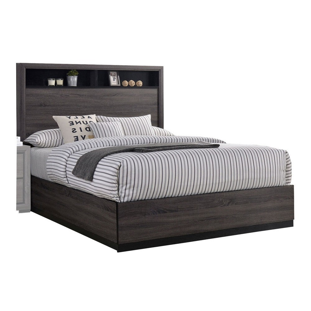 Queen Bedroom Set in Gray & Black Wood – 2 Piece Set with Nightstand