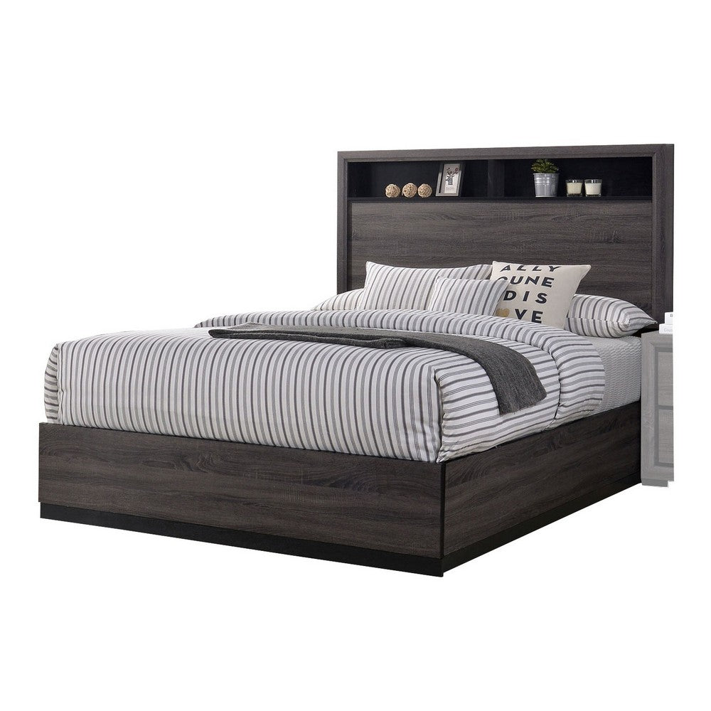 Queen Bedroom Set in Gray & Black Wood – 2 Piece Set with Nightstand