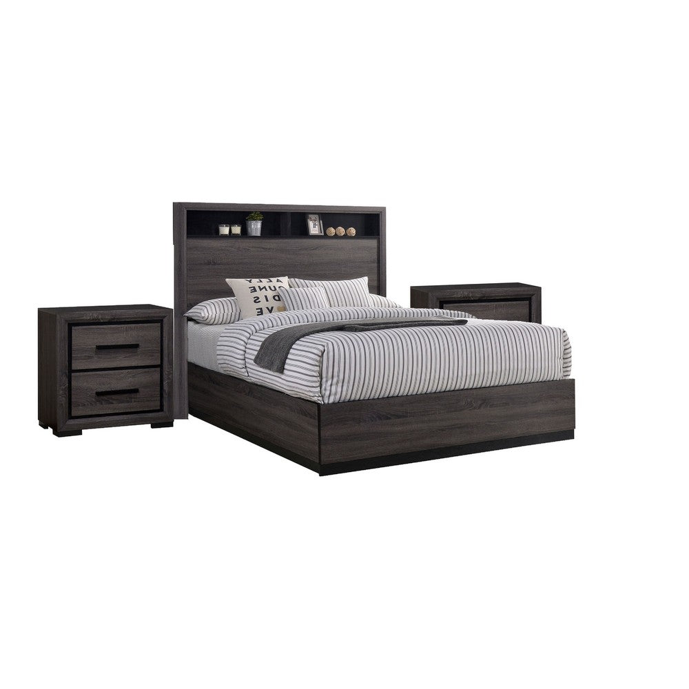 Queen Bedroom Set in Gray & Black Wood – 3 Piece Set with 2 Nightstands