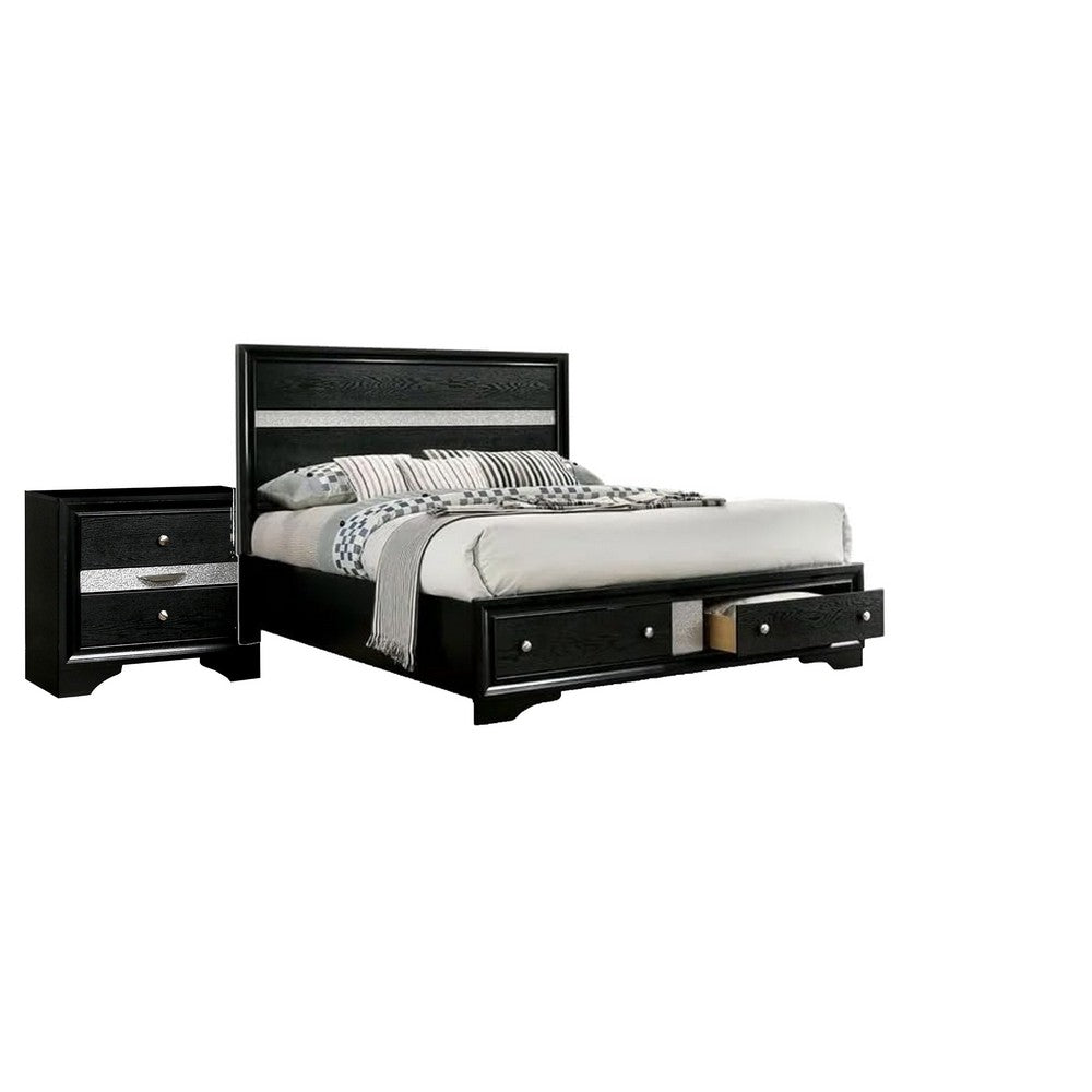 Queen Bedroom Set, Black, Silver Wood, 2 Piece Set with Nightstand