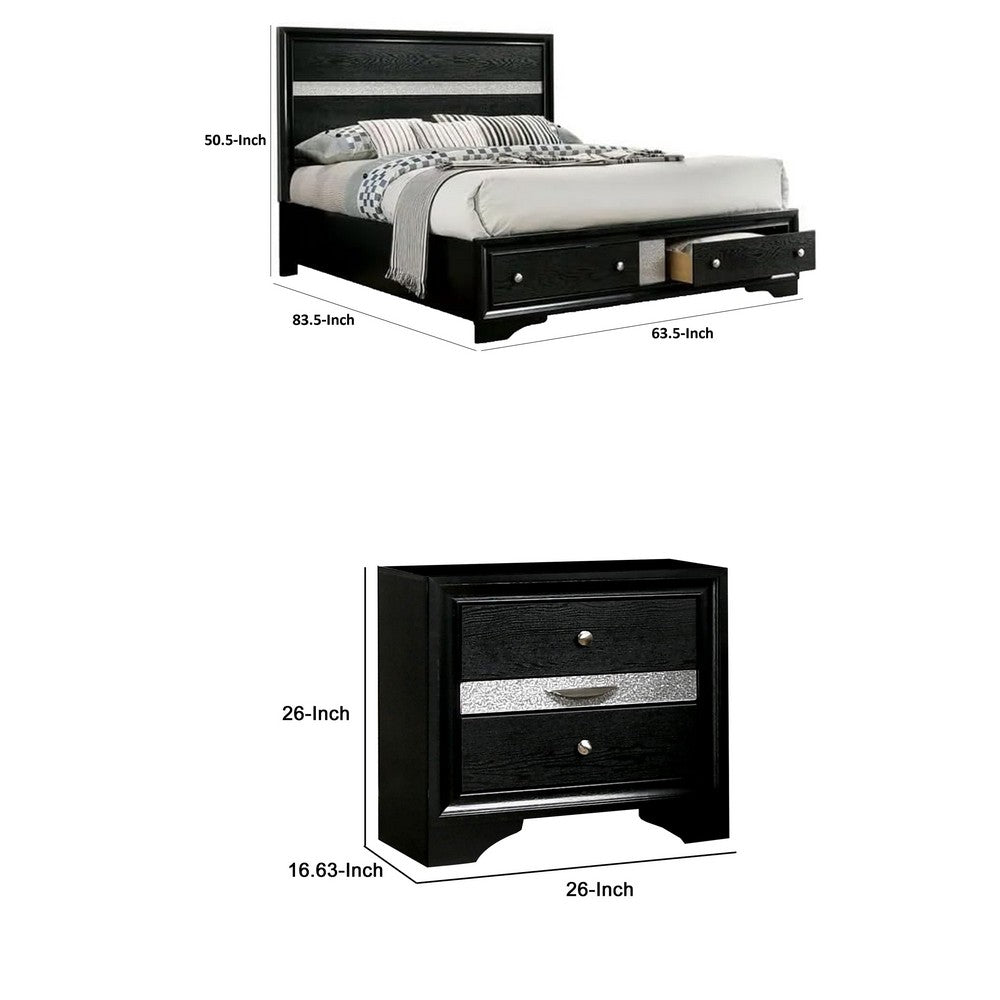 Queen Bedroom Set, Black, Silver Wood, 2 Piece Set with Nightstand