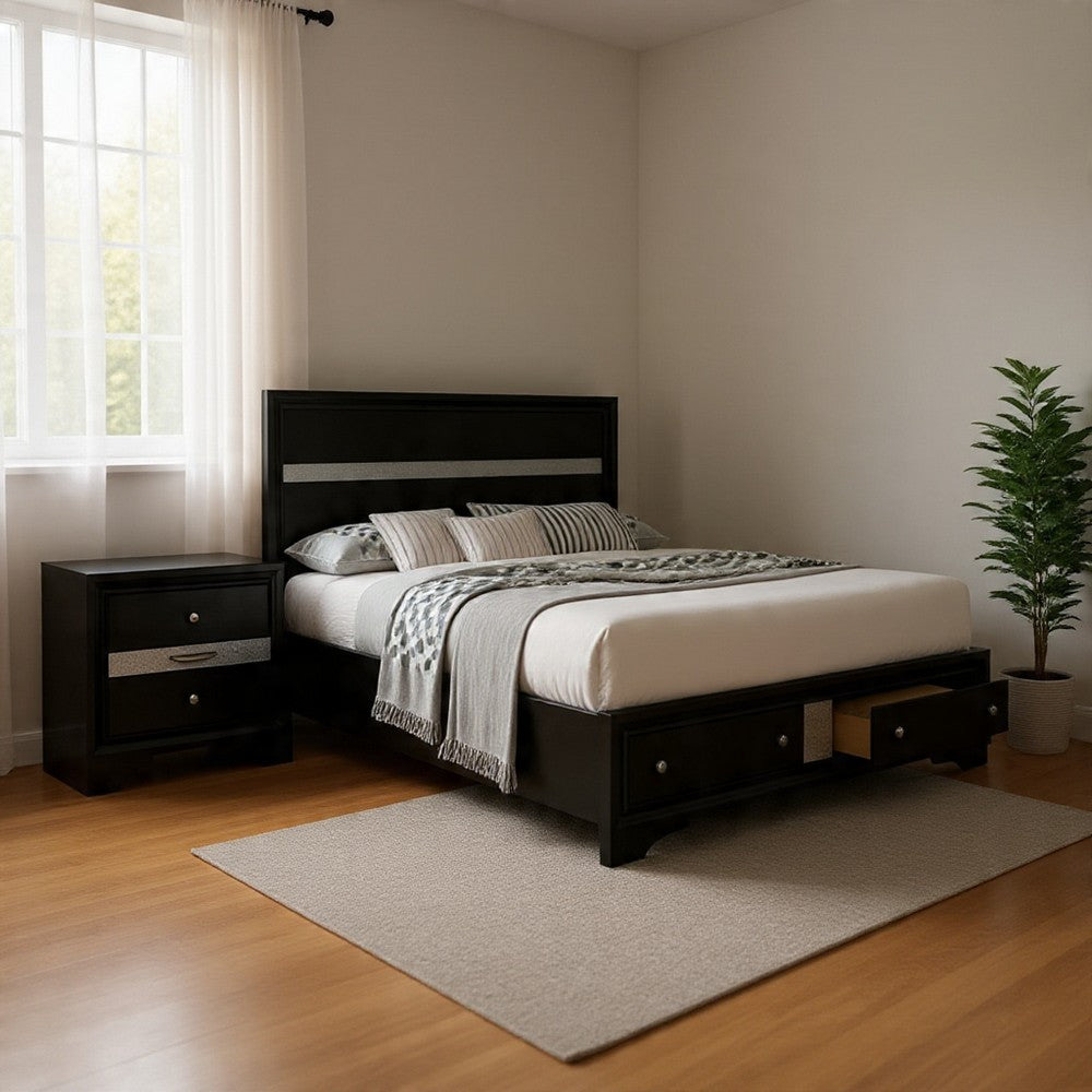 Queen Bedroom Set, Black, Silver Wood, 2 Piece Set with Nightstand