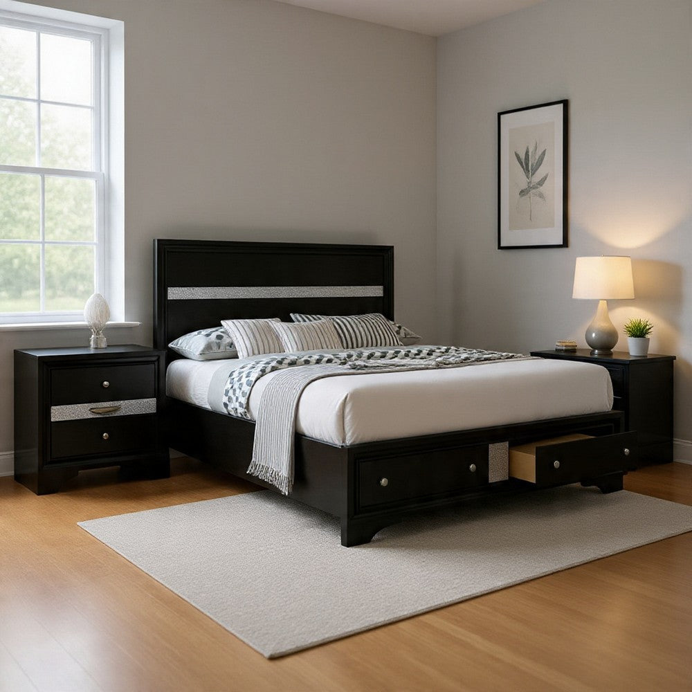 Queen Bedroom Set, Black, Silver Wood, 2 Piece Set with Nightstand