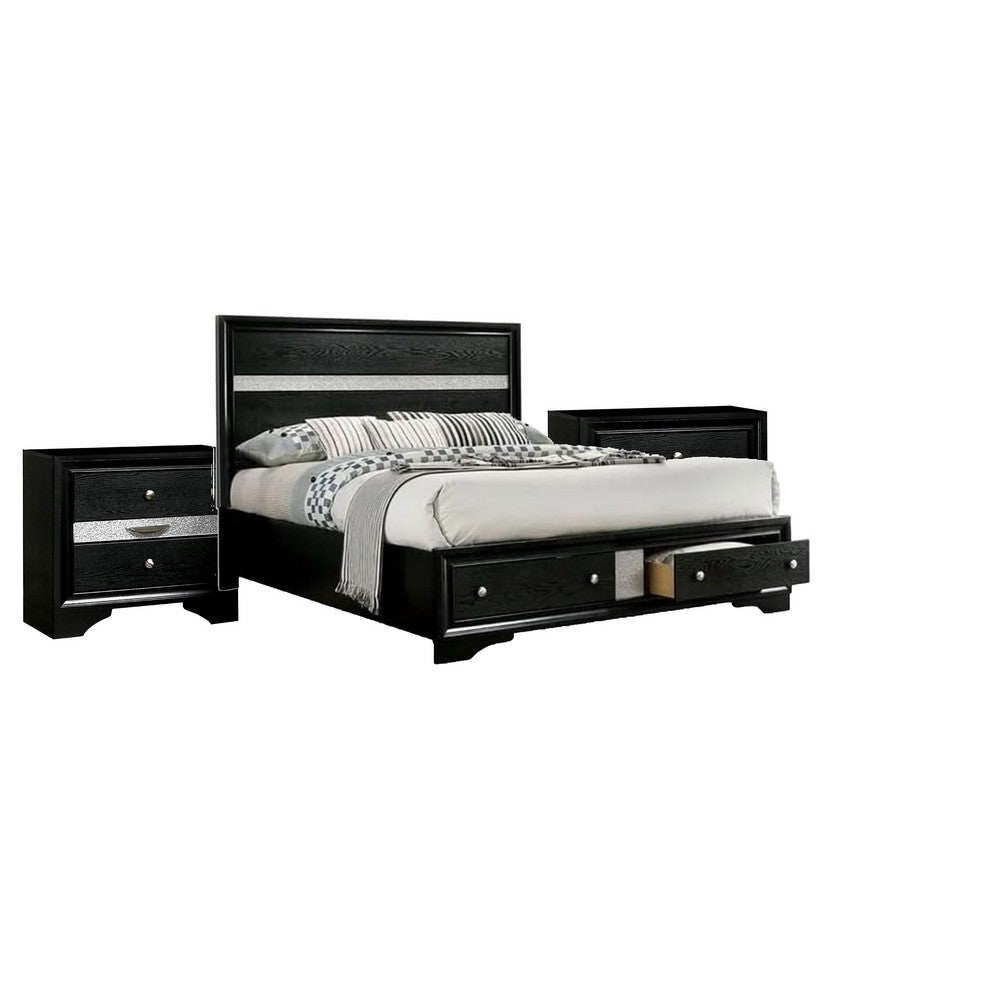 Queen Bedroom Set, Black, Silver Wood, 3 Piece Set with 2 Nightstands
