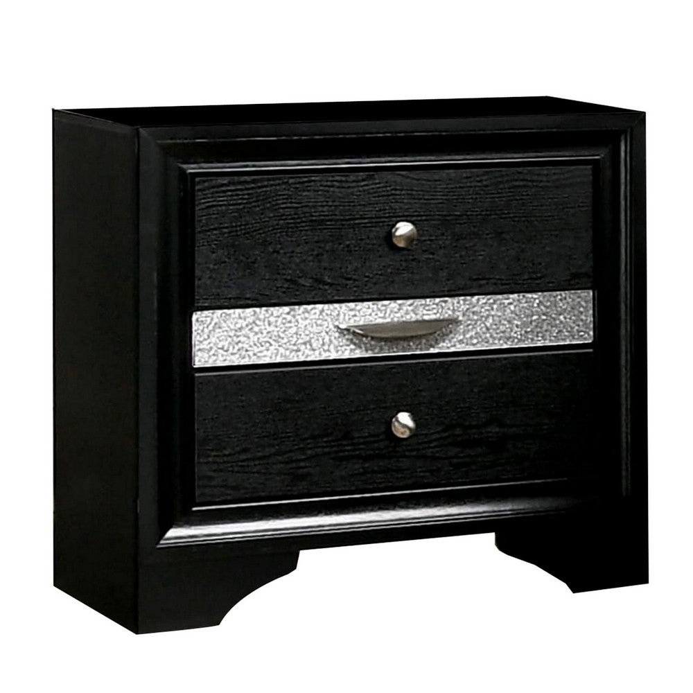 Queen Bedroom Set, Black, Silver Wood, 3 Piece Set with 2 Nightstands