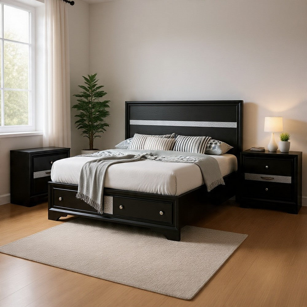 Queen Bedroom Set, Black, Silver Wood, 3 Piece Set with 2 Nightstands
