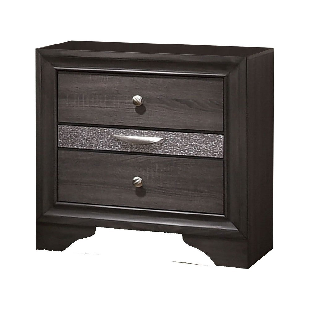 Queen Bedroom Set in Gray & Silver with Brown Wood Accents – 2 Piece Set with Nightstand