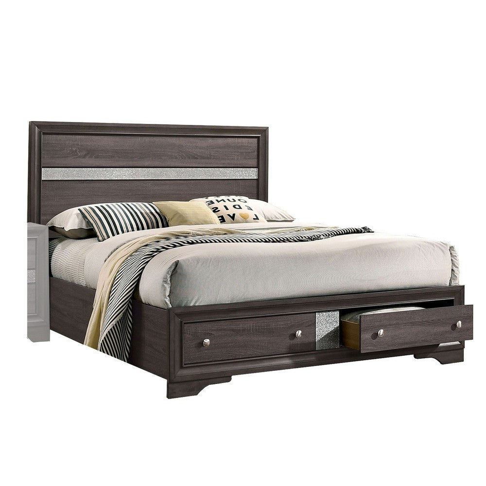 Queen Bedroom Set in Gray & Silver with Brown Wood Accents – 2 Piece Set with Nightstand