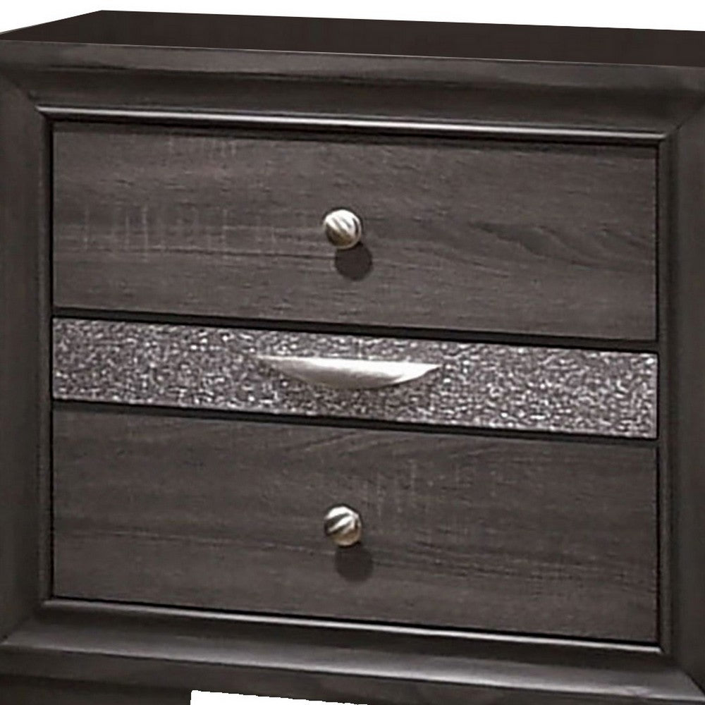 Queen Bedroom Set in Gray & Silver with Brown Wood Accents – 2 Piece Set with Nightstand