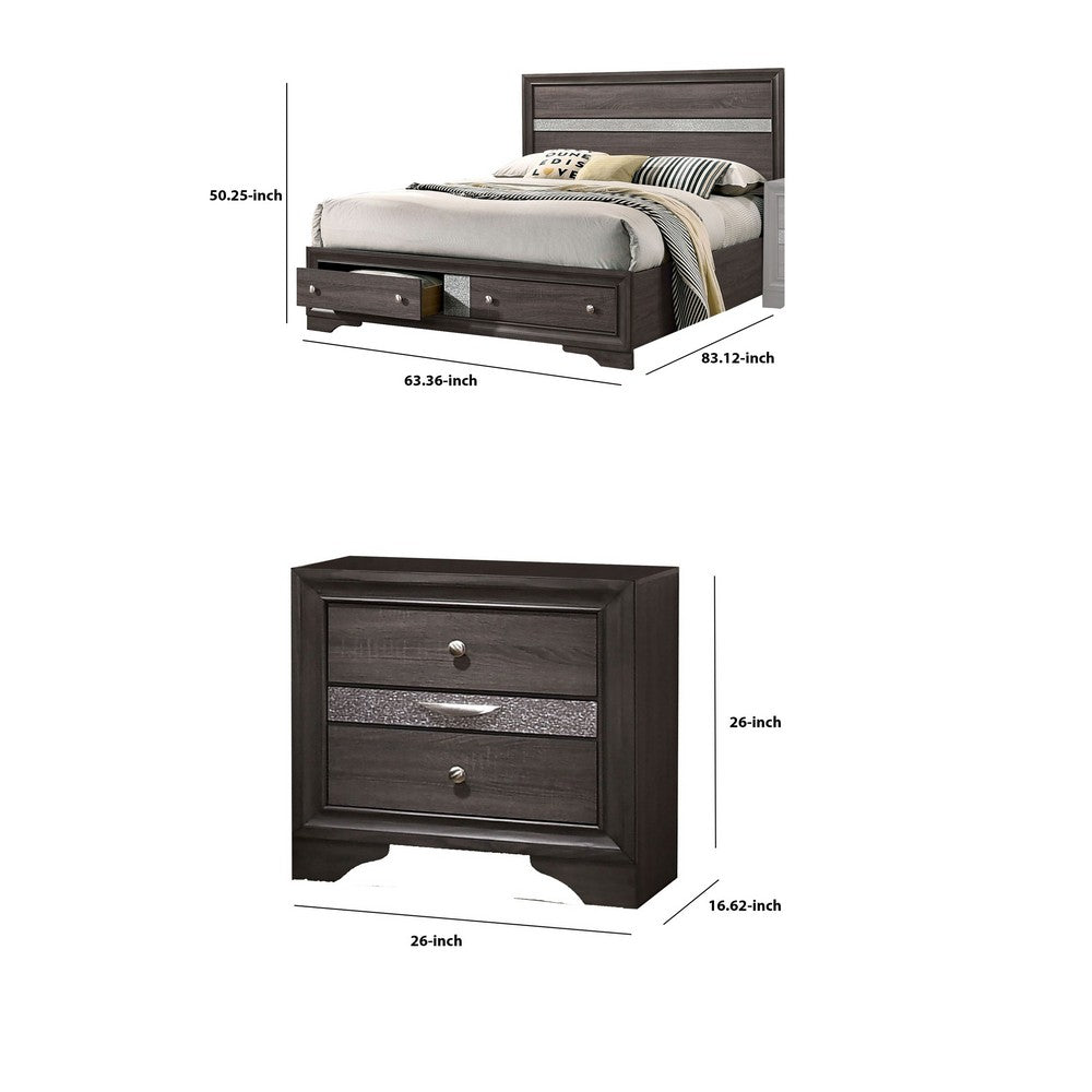 Queen Bedroom Set in Gray & Silver with Brown Wood Accents – 2 Piece Set with Nightstand