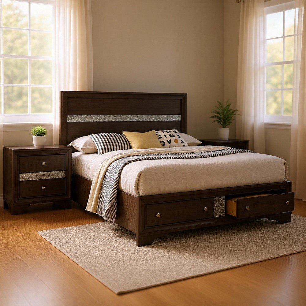 Queen Bedroom Set in Gray & Silver with Brown Wood Accents – 2 Piece Set with Nightstand