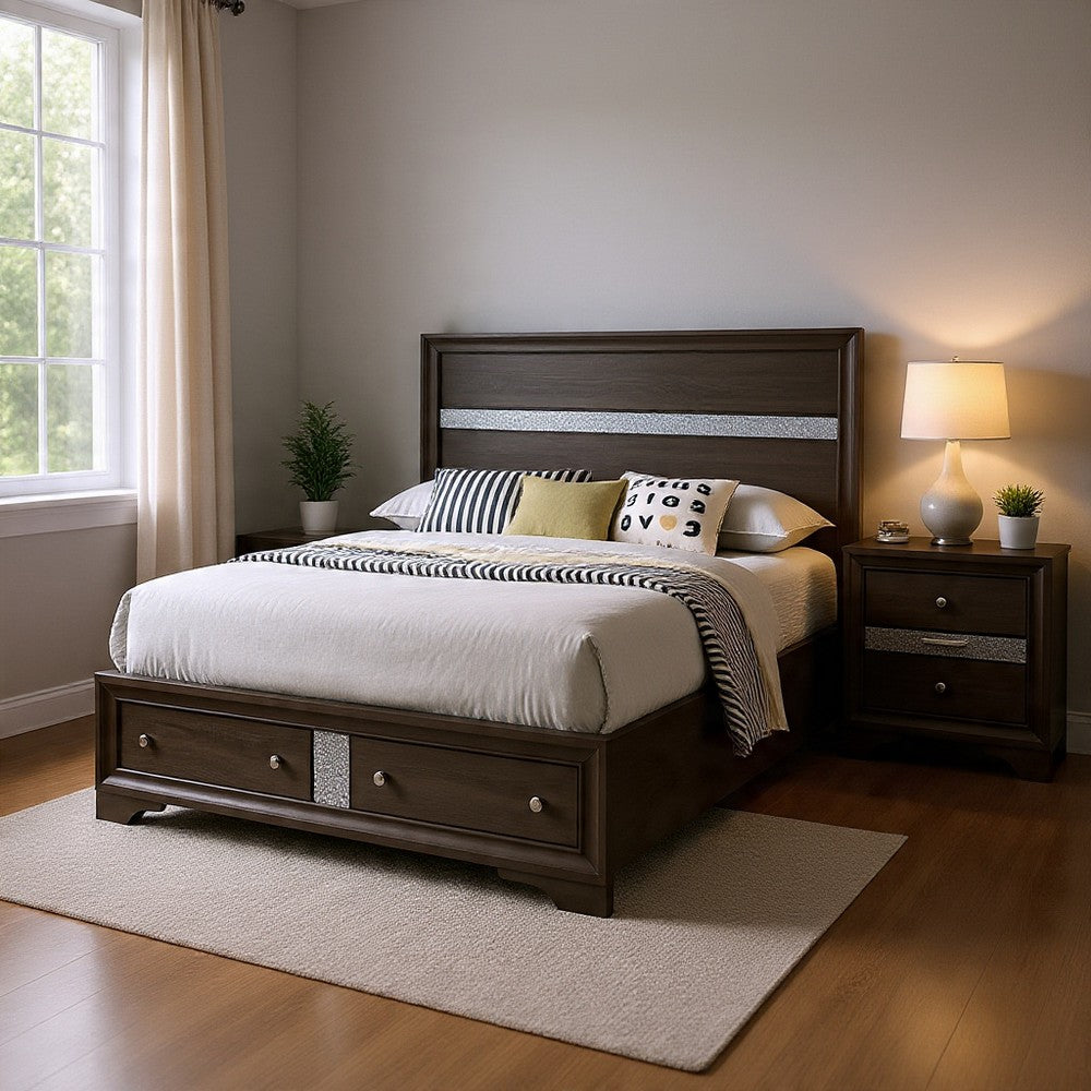 Queen Bedroom Set in Gray & Silver with Brown Wood Accents – 2 Piece Set with Nightstand