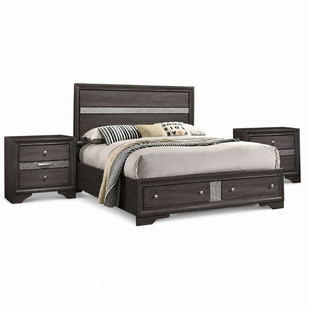 Queen Bedroom Set in Gray & Silver with Brown Wood Accents – 3 Piece Set with 2 Nightstands