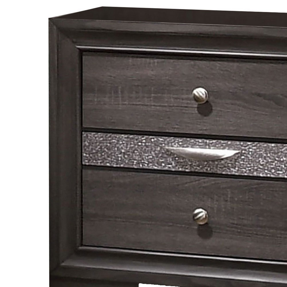 Queen Bedroom Set in Gray & Silver with Brown Wood Accents – 3 Piece Set with 2 Nightstands