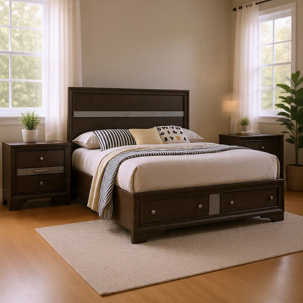 Queen Bedroom Set in Gray & Silver with Brown Wood Accents – 3 Piece Set with 2 Nightstands