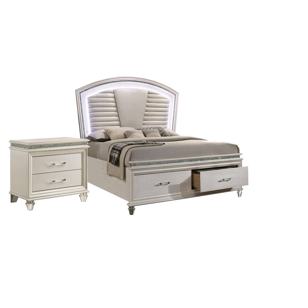 Queen Bedroom Set in Pearl White & Silver with Clear Wood Accents – 2 Piece Set with Nightstand