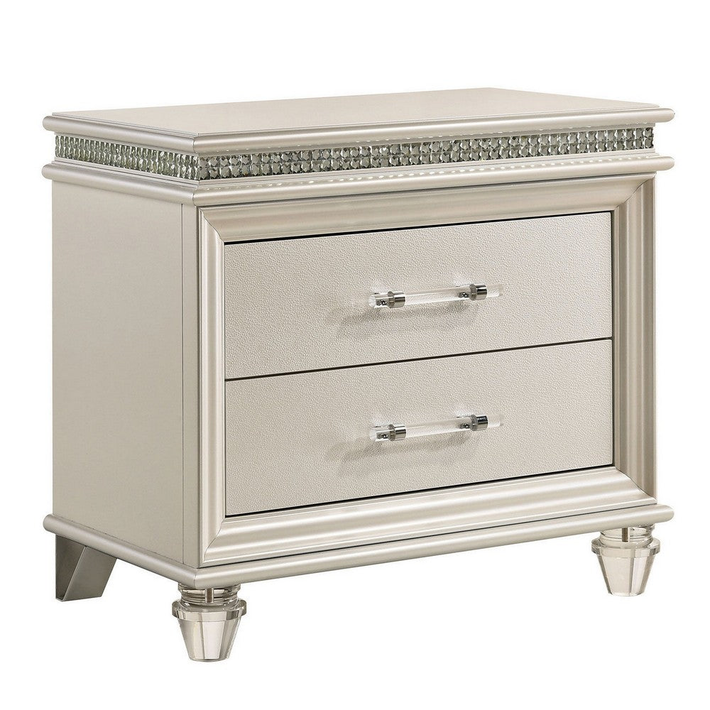 Queen Bedroom Set in Pearl White & Silver with Clear Wood Accents – 2 Piece Set with Nightstand