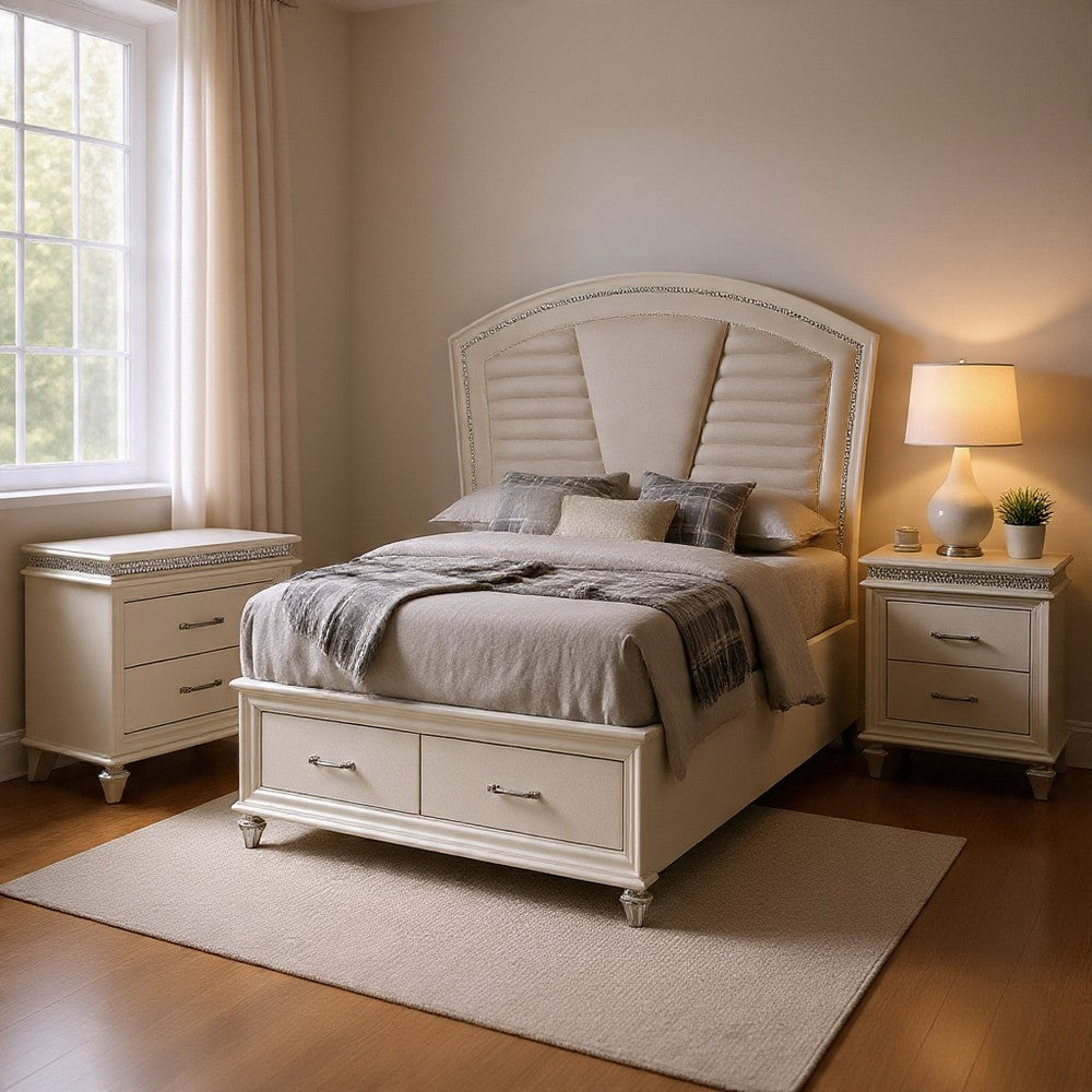 Queen Bedroom Set in Pearl White & Silver with Clear Wood Accents – 2 Piece Set with Nightstand