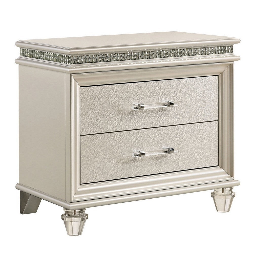 Queen Bedroom Set in Pearl White & Silver with Clear Wood Accents – 3 Piece Set with 2 Nightstands