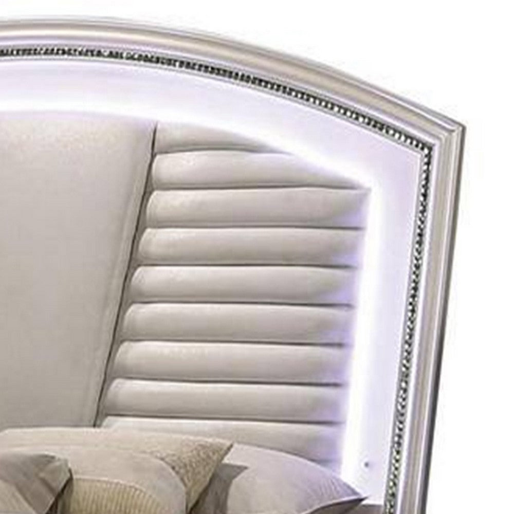 Queen Bedroom Set in Pearl White & Silver with Clear Wood Accents – 3 Piece Set with 2 Nightstands