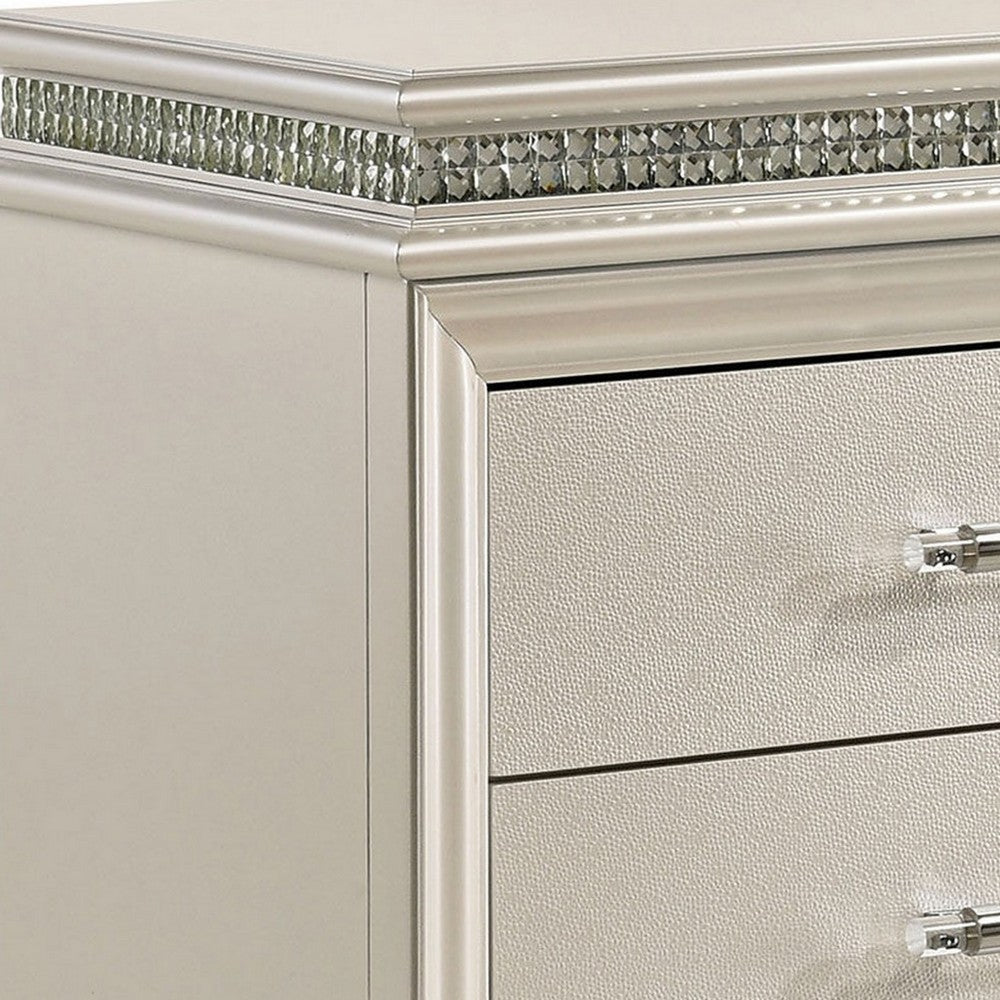 Queen Bedroom Set in Pearl White & Silver with Clear Wood Accents – 3 Piece Set with 2 Nightstands